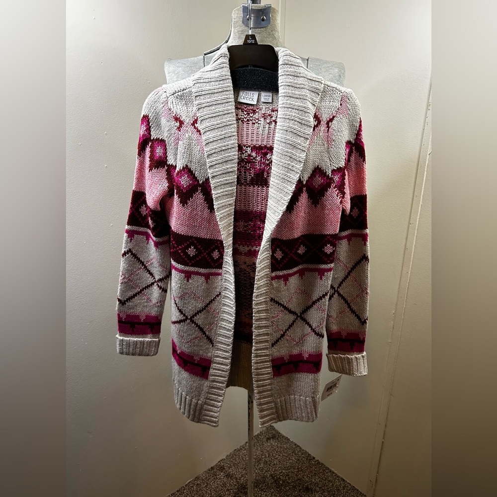Falls Creek New Cream & Pink Argyle Long Sleeve Cardigan Girls Large (10/12)